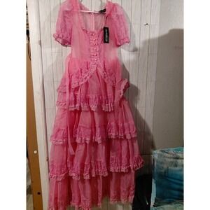 Dolls Kill Sugar Thrillz Pink Sheer Organza Tiered Lace Ruffle Maxi Dress NEW XS
